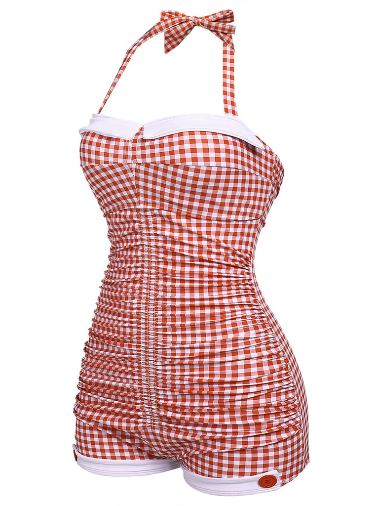 [Plus Size] Gingham 1950s Halter Bowknot One-piece Swimsuit