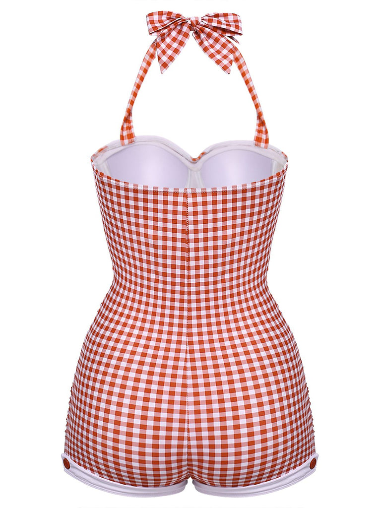 [Plus Size] Gingham 1950s Halter Bowknot One-piece Swimsuit