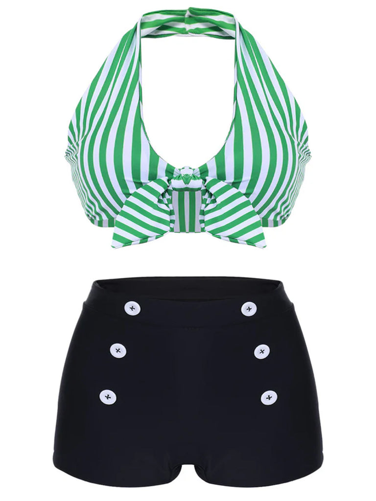 [Plus Size] Green 1950s Retro Halter Stripes Bikini Set