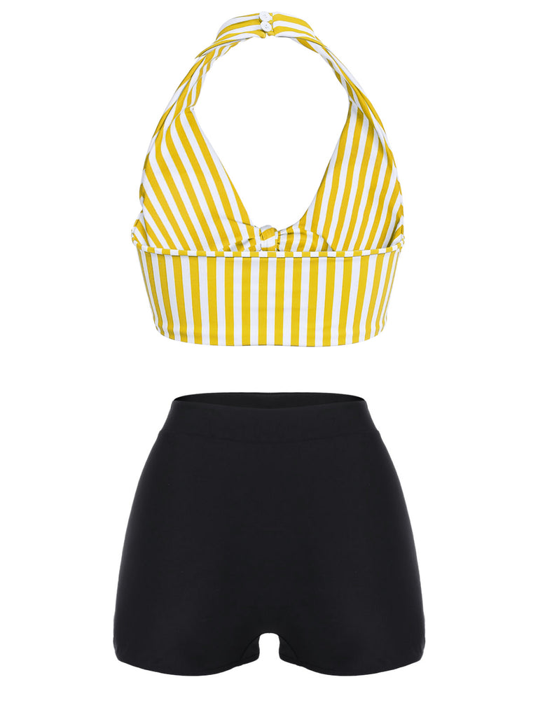 [Pre-Sale] Yellow 1950s Retro Halter Stripes Bikini Set