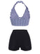 Blue 1950s Retro Halter Stripes Bikini Set