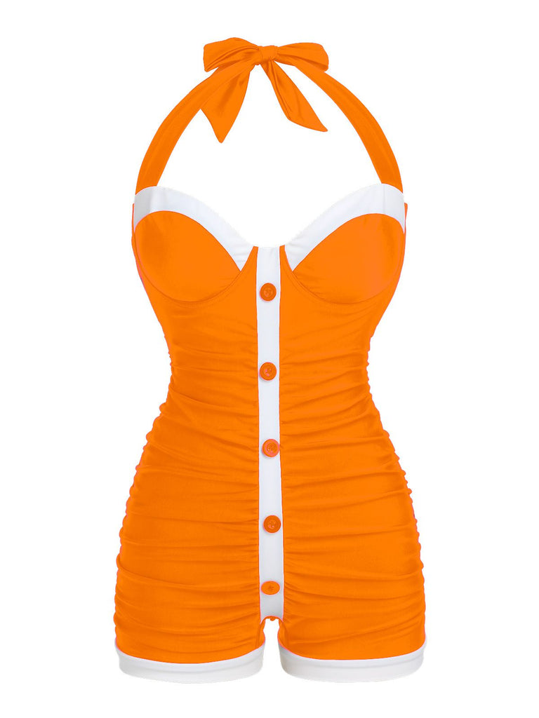 [Pre-Sale] Orange 1950s Pleated Halter Swimsuit