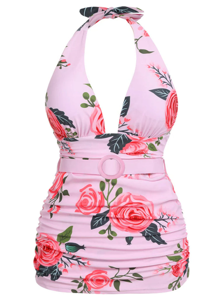 [Plus Size] Pink 1930s Roses Halter Belt Swimsuit