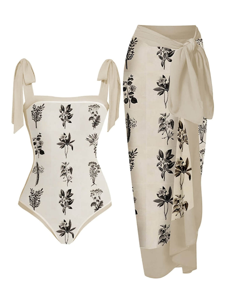 Beige 1950s Ink Floral One-piece Swimsuit & Cover-up | Retro Stage