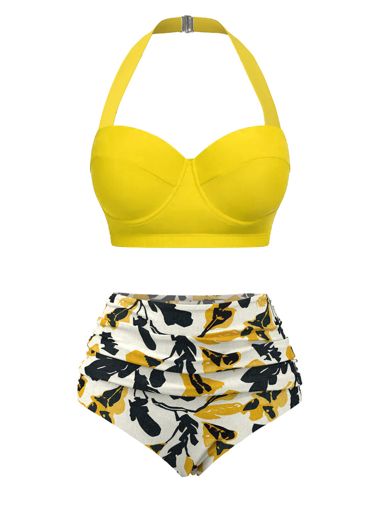 [Pre-Sale] Yellow 1940s Floral Halter Swimsuit