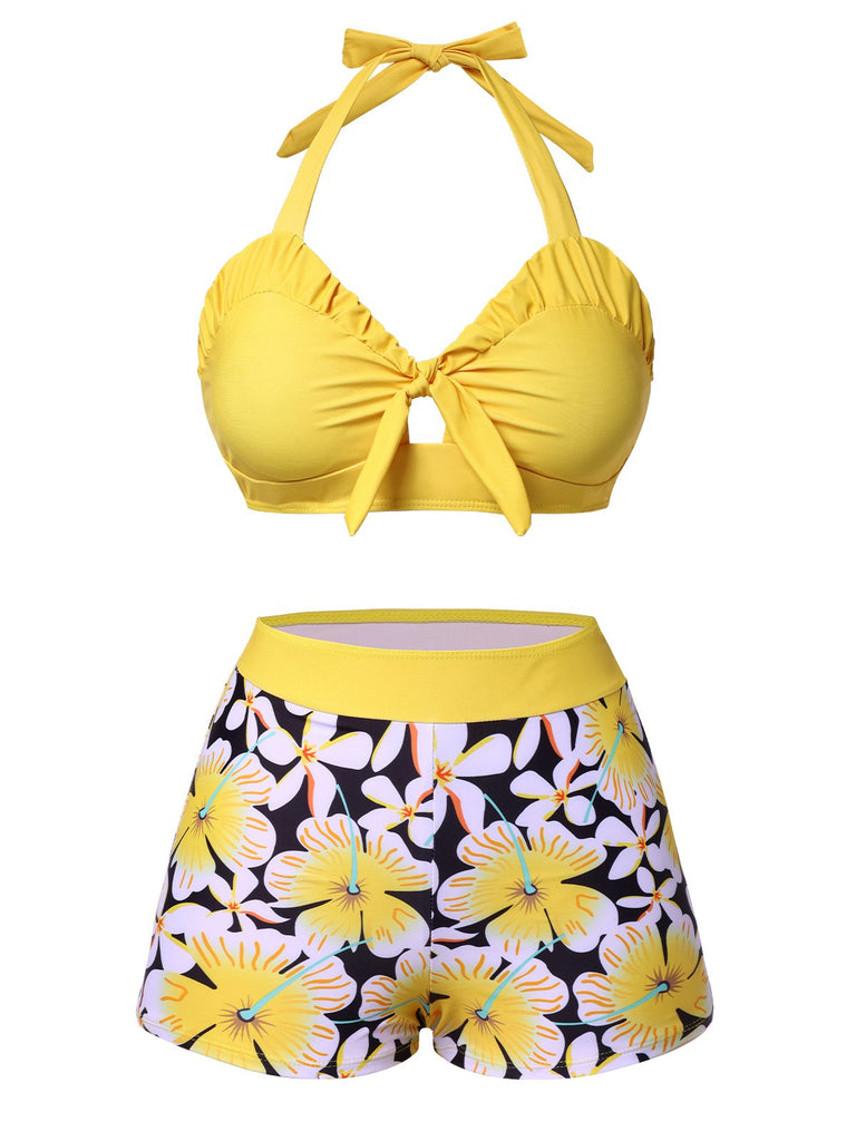 Yellow 1960s Floral Backless Halter Hollow Swimsuit