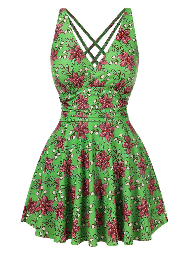 Green 1940s V-Neck Floral Ruched-Waist Swimsuit