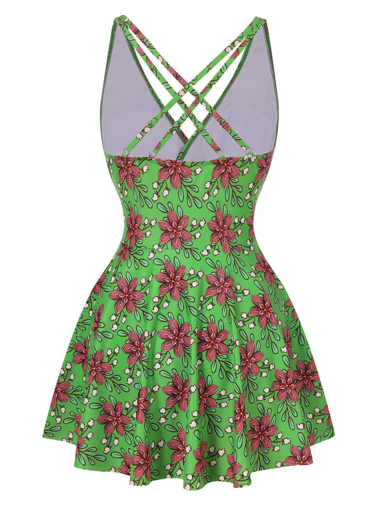 Green 1940s V-Neck Floral Ruched-Waist Swimsuit