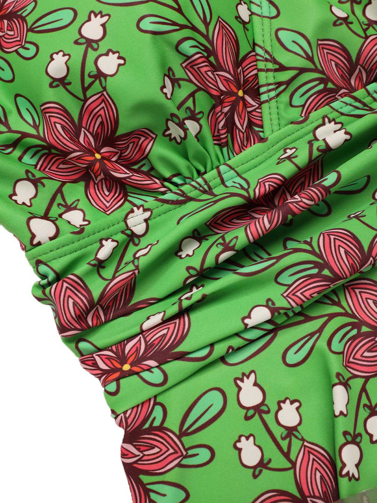 Green 1940s V-Neck Floral Ruched-Waist Swimsuit