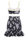 Black 1930s Flower Silhouette Ruffle Hem Swimsuit