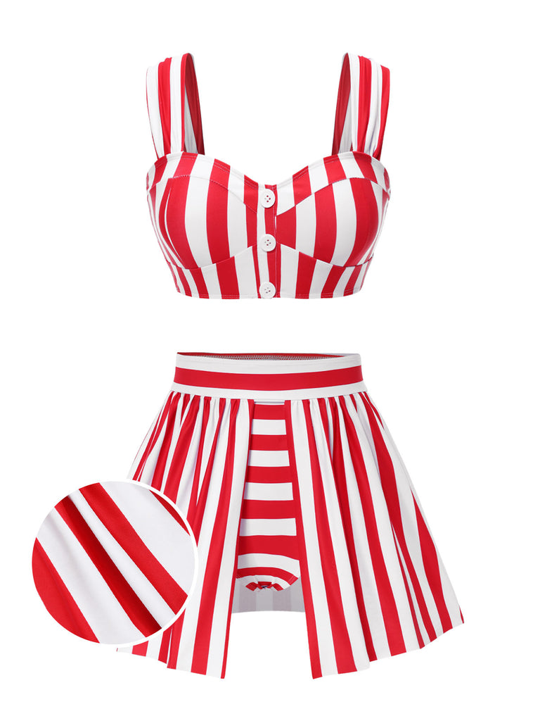 Red 1950s Striped Spaghetti Strap Bikini Set