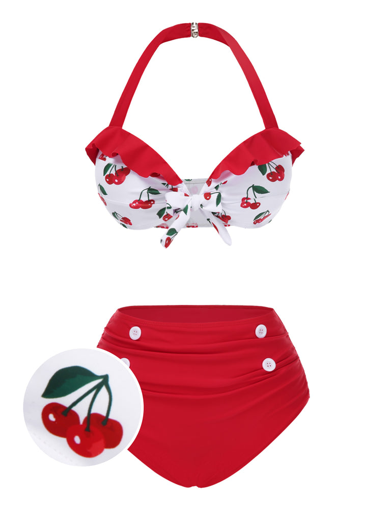 [Pre-Sale] Red 1950s Halter Ruffle Cherry Bikini Set