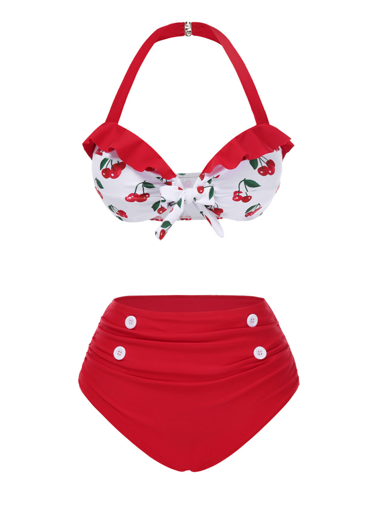 [Pre-Sale] Red 1950s Halter Ruffle Cherry Bikini Set