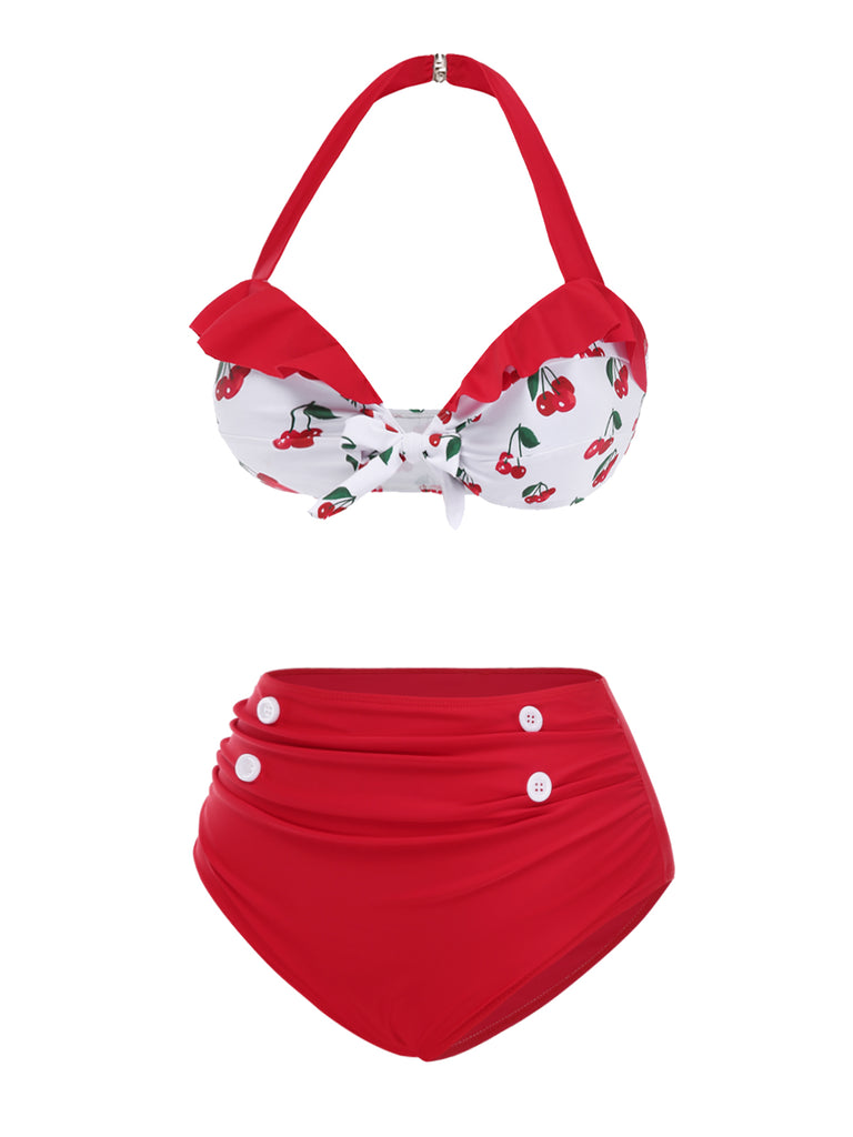 [Pre-Sale] Red 1950s Halter Ruffle Cherry Bikini Set