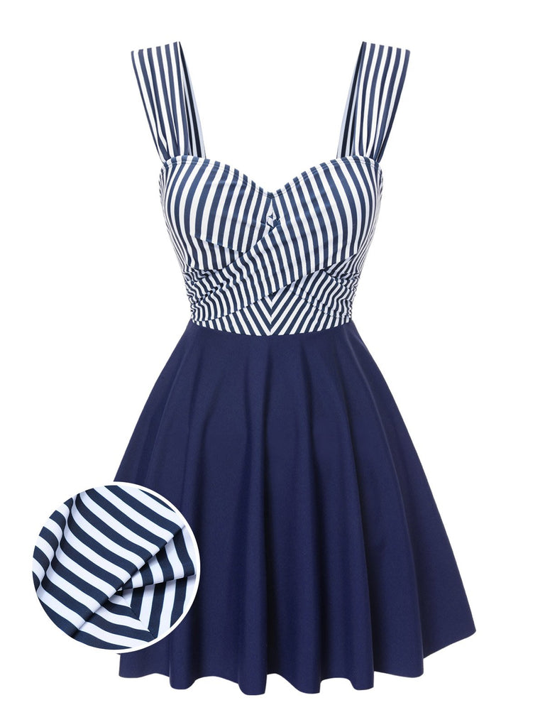 [Pre-Sale] Blue 1940s Wide Straps Stripe Swim Dress