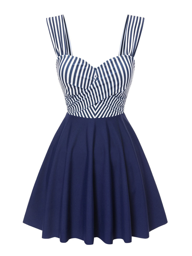 [Pre-Sale] Blue 1940s Wide Straps Stripe Swim Dress