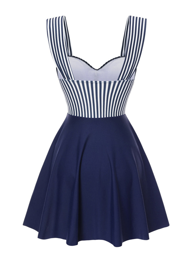 [Pre-Sale] Blue 1940s Wide Straps Stripe Swim Dress