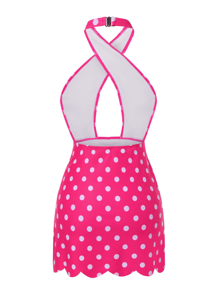 [Pre-Sale] Pink 1930s Dots Cross Halter Cutout Swimsuit