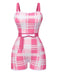 Pink 1950s Strap Plaids Bow One-Piece Swimsuit