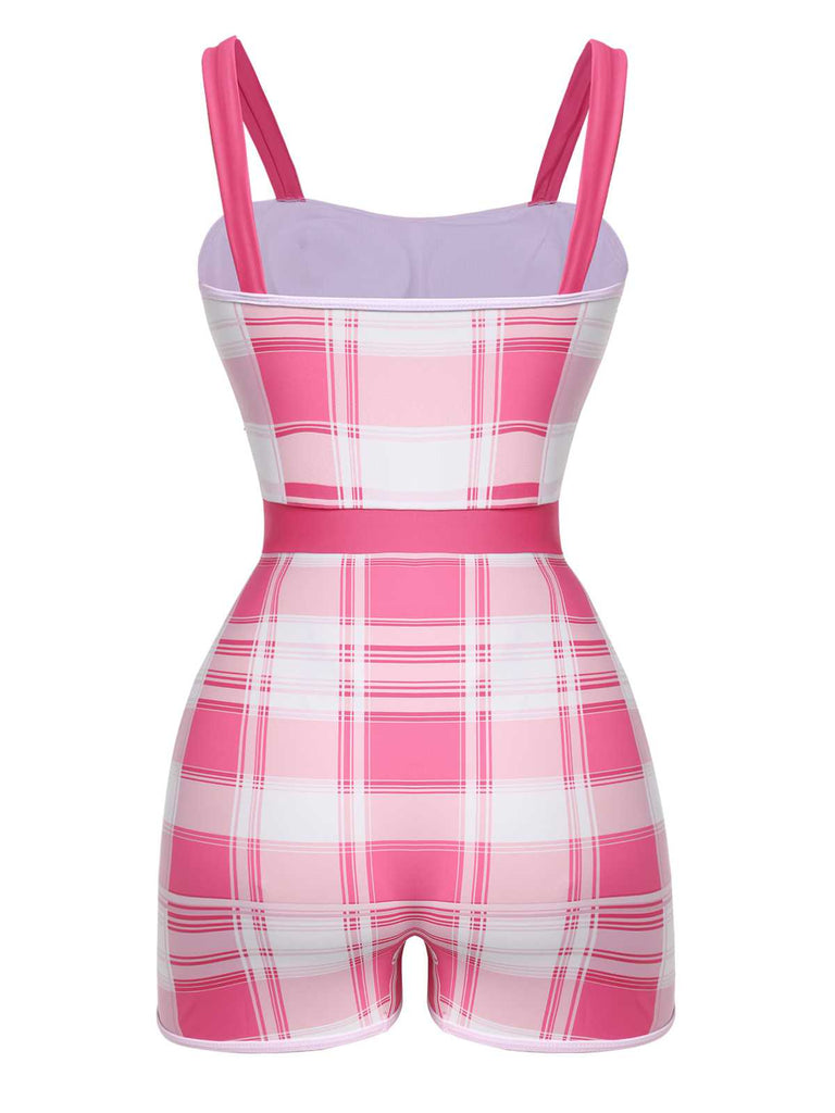 Pink 1950s Strap Plaids Bow One-Piece Swimsuit