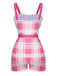 Pink 1950s Strap Plaids Bow One-Piece Swimsuit