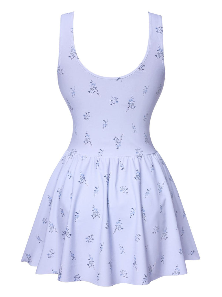 Lavender 1940s Floral Button Swim Dress