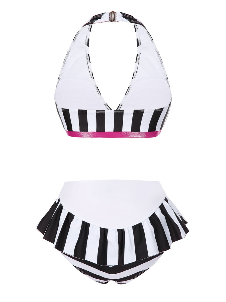 Black & White 1950s Stripe Bow Halter Bikini