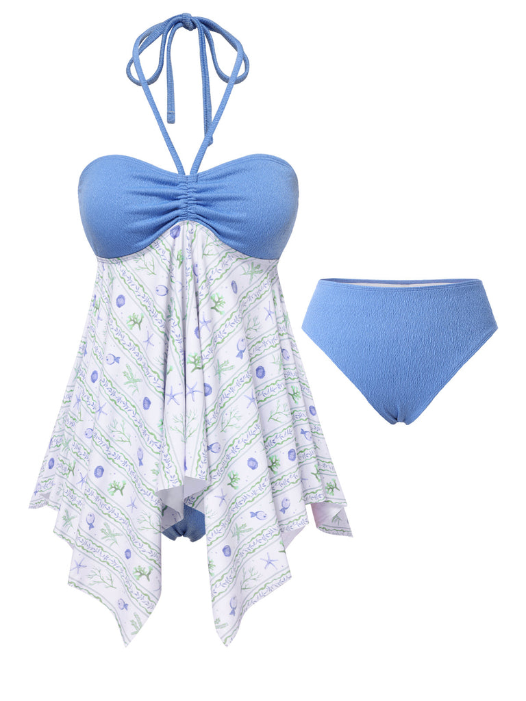 [Pre-Sale] Blue 1940s Fish Starfish Halter Skirt Swimsuit