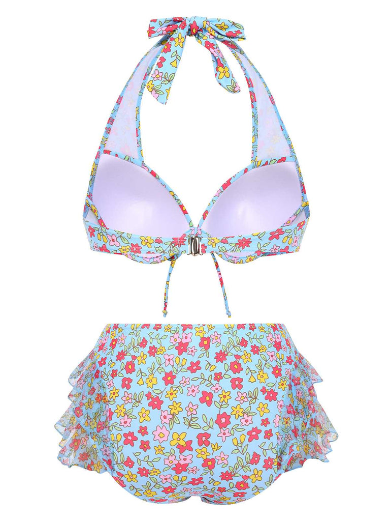 1950s Halter Ditsy Floral Ruffles Bikini Set