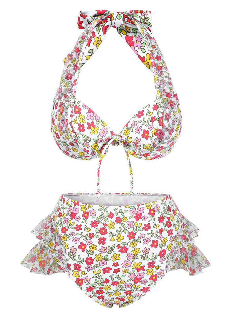 1950s Halter Ditsy Floral Ruffles Bikini Set