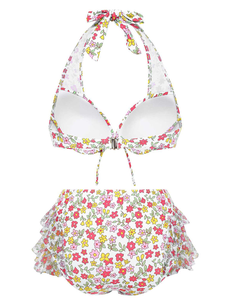 1950s Halter Ditsy Floral Ruffles Bikini Set