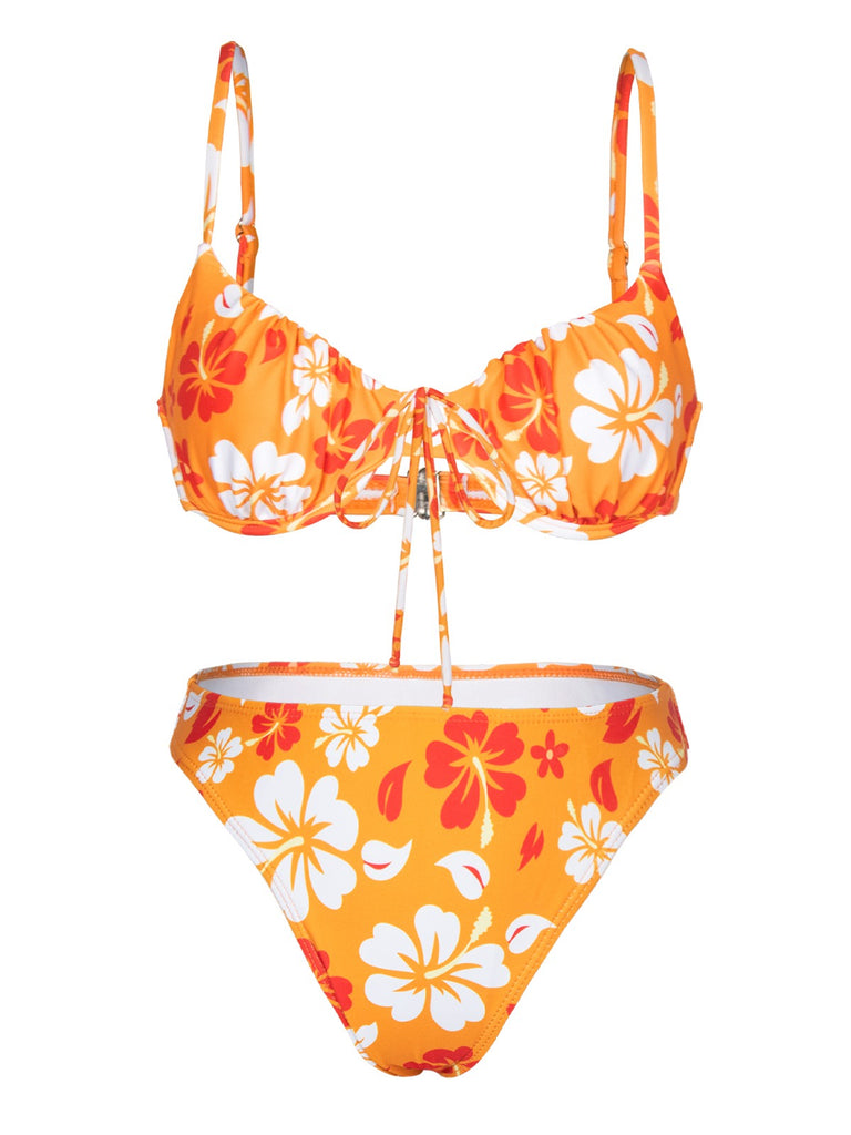 Orange 1950s Silhouette Floral Straps Skirt Bikini