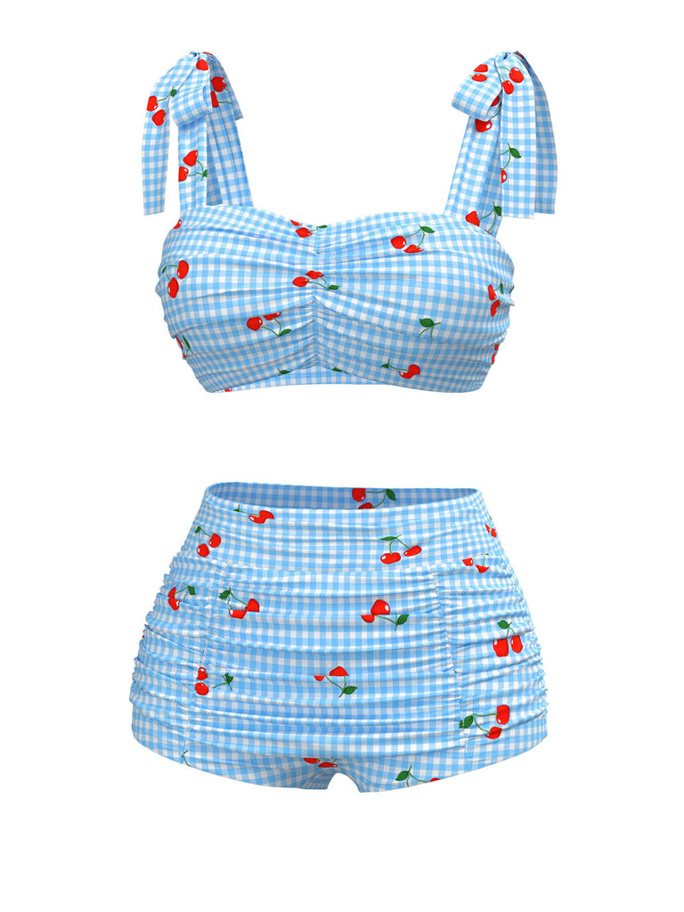 [Pre-Sale] Blue 1950s Cherry Plaid Lace-up Swimsuit