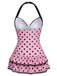 Brown 1940s Halter Polka Dots Bow Swimsuit