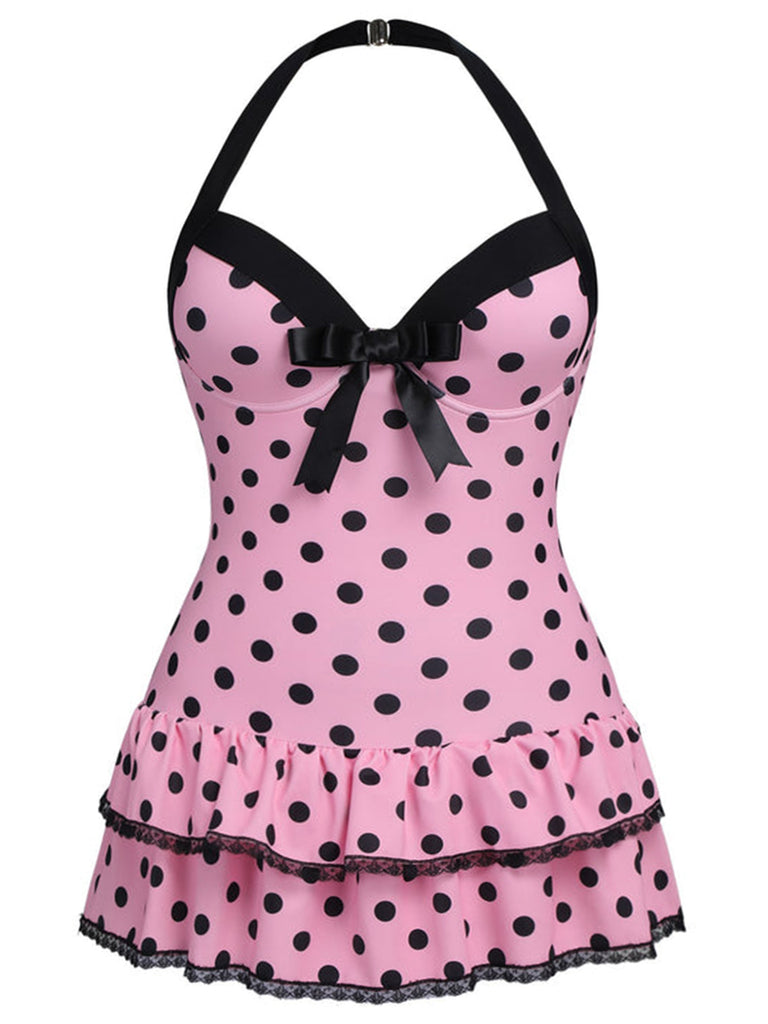 [Plus Size] Pink 1940s Polka Dots Hater Swimsuit