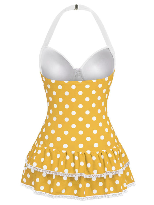 Yellow 1940s Halter Polka Dots Bow Swimsuit