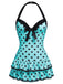 [Pre-Sale] Blue 1940s Halter Polka Dots Bow One-Piece Swimsuit