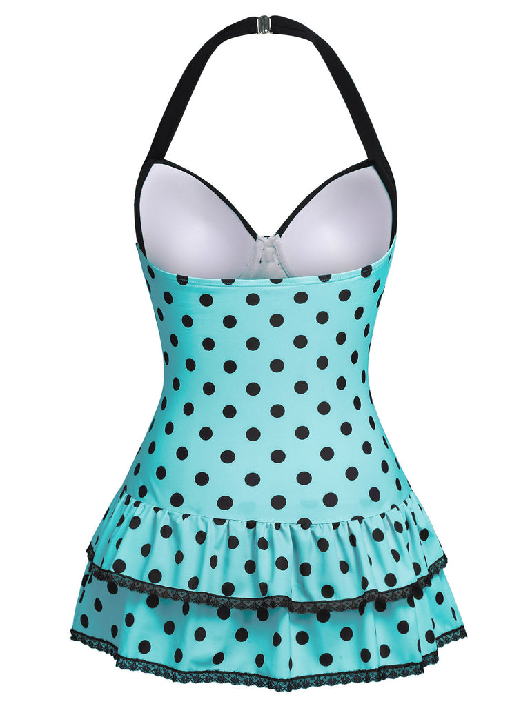 [Pre-Sale] Blue 1940s Halter Polka Dots Bow One-Piece Swimsuit