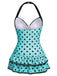 [Pre-Sale] Blue 1940s Halter Polka Dots Bow One-Piece Swimsuit