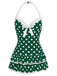 [Pre-Sale] Green 1940s Halter Polka Dots Bow One-Piece Swimsuit