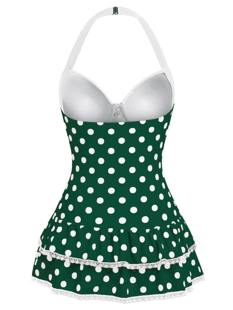 [Pre-Sale] Green 1940s Halter Polka Dots Bow One-Piece Swimsuit