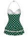 [Pre-Sale] Green 1940s Halter Polka Dots Bow One-Piece Swimsuit