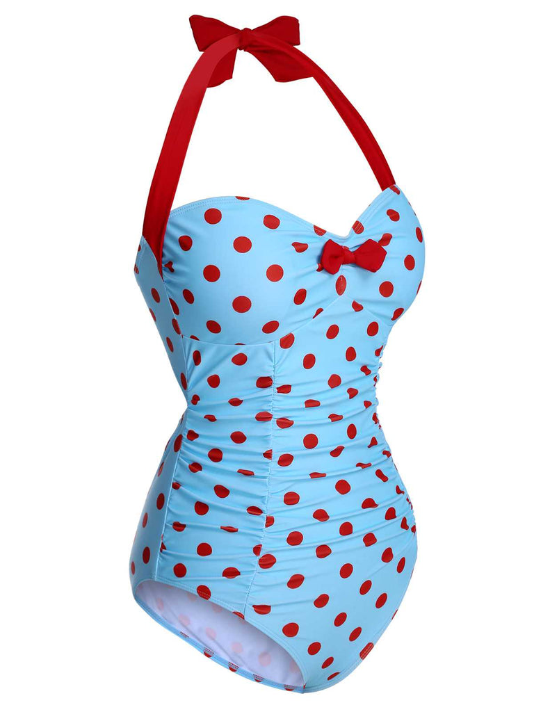 1940s Halter Contrast Polka Dots One-Piece Swimsuit