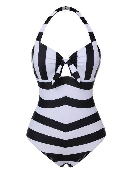 Black & White 1950s Barbie Stripes Halter Swimsuit