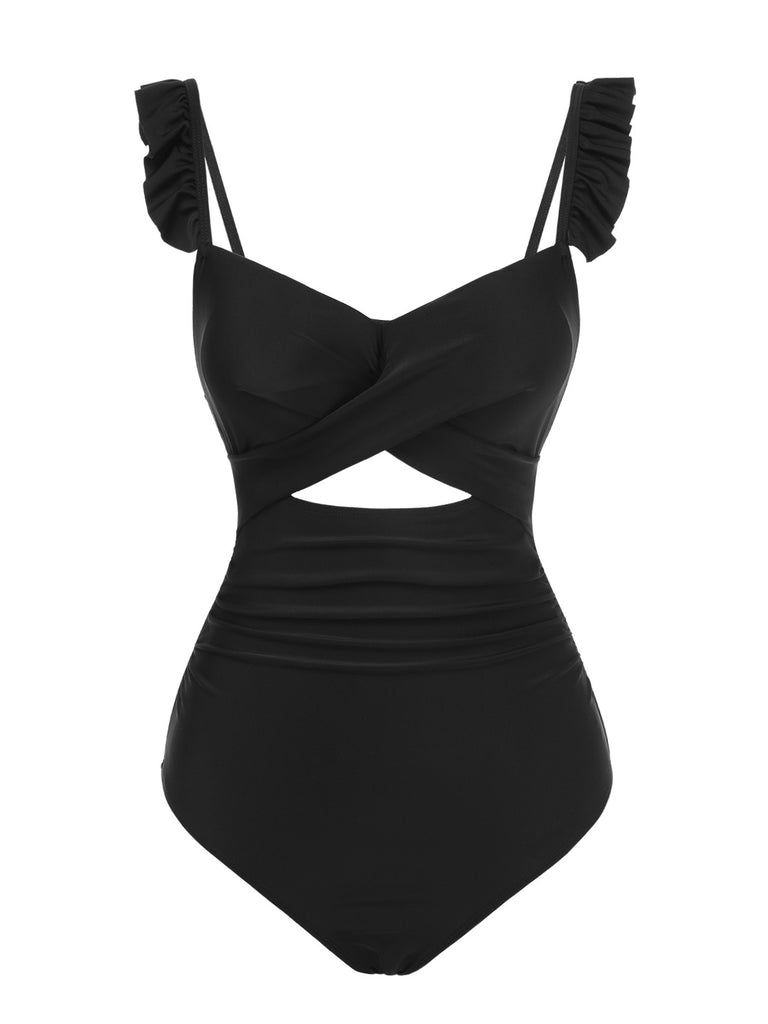 Black 1950s Solid Ruffled Strap Swimsuit