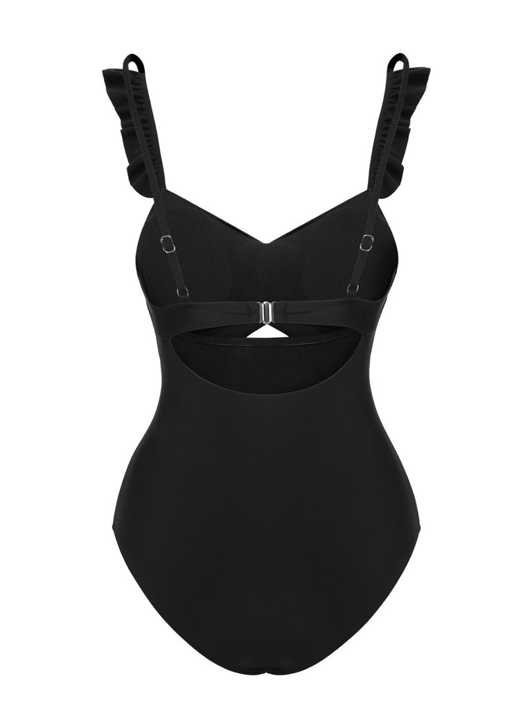 Black 1950s Solid Ruffled Strap Swimsuit