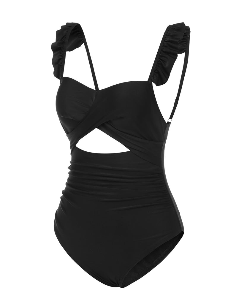 Black 1950s Solid Ruffled Strap Swimsuit