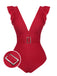 Red 1950s Solid Deep V-Neck Belt Swimsuit