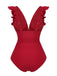 Red 1950s Solid Deep V-Neck Belt Swimsuit