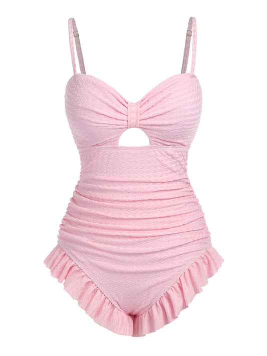 Pale Pink 1950s Solid Ruched Swimsuit